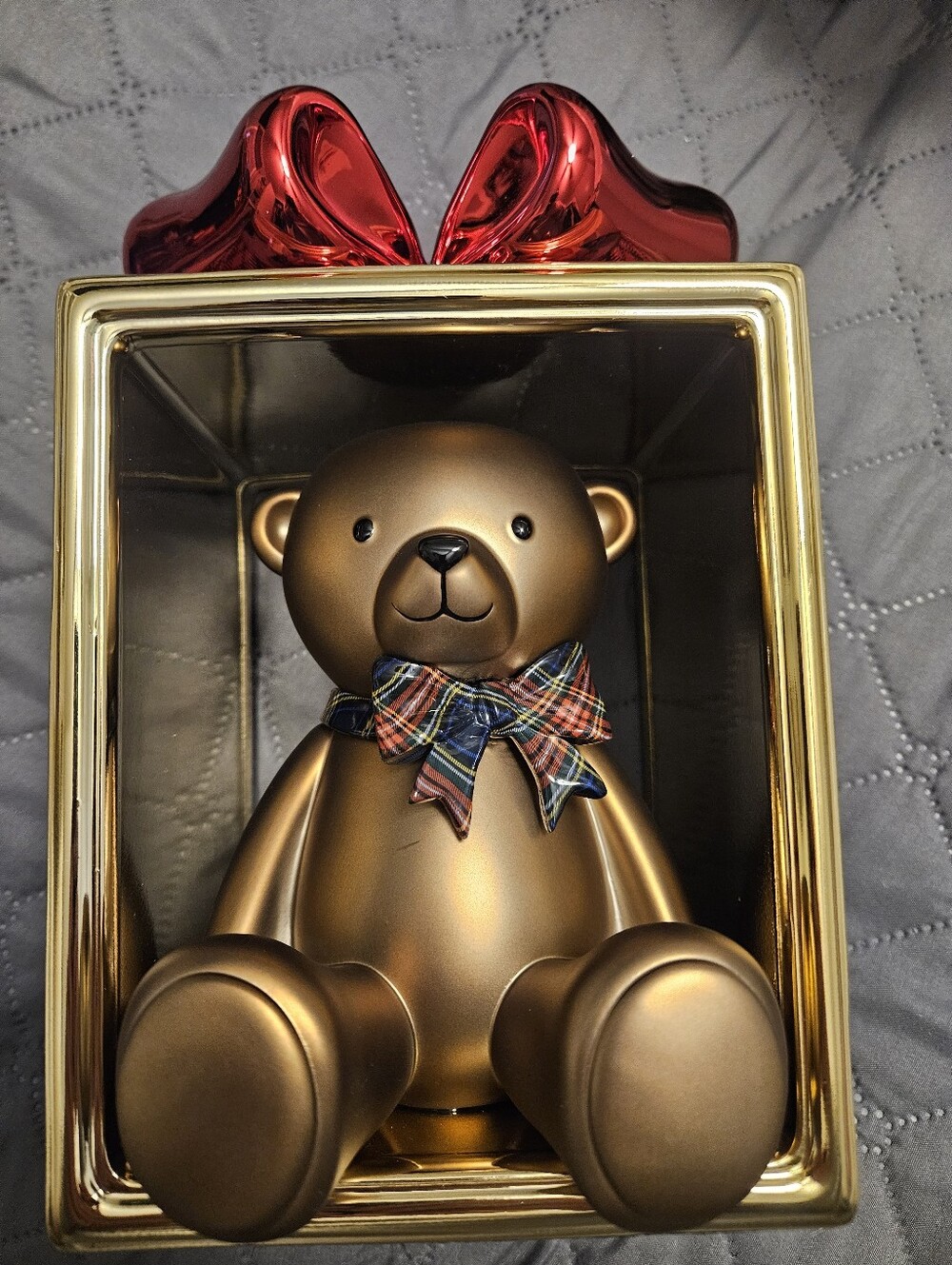 Bath And Body Works Gold Bear 3cwick Candle Holder with Plaid Bow  2026 Edition